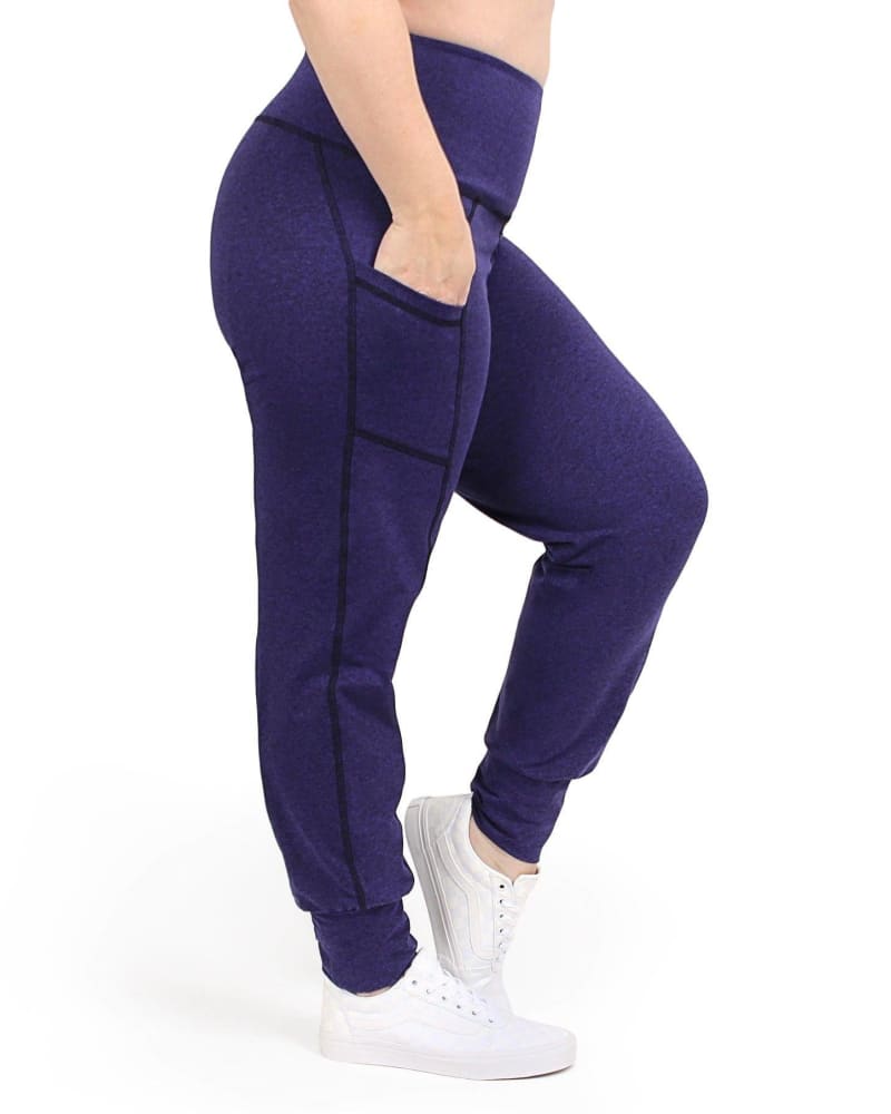 Front of a model wearing a size XL High Waist Yoga Pant Jogger in Violet by Undersummers. | dia_product_style_image_id:243498